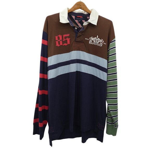 Tommy Hilfiger XL Rugby Polo Shirt Multicolor Patchwork Striped Crest Preppy Y2K - Picture 1 of 7
